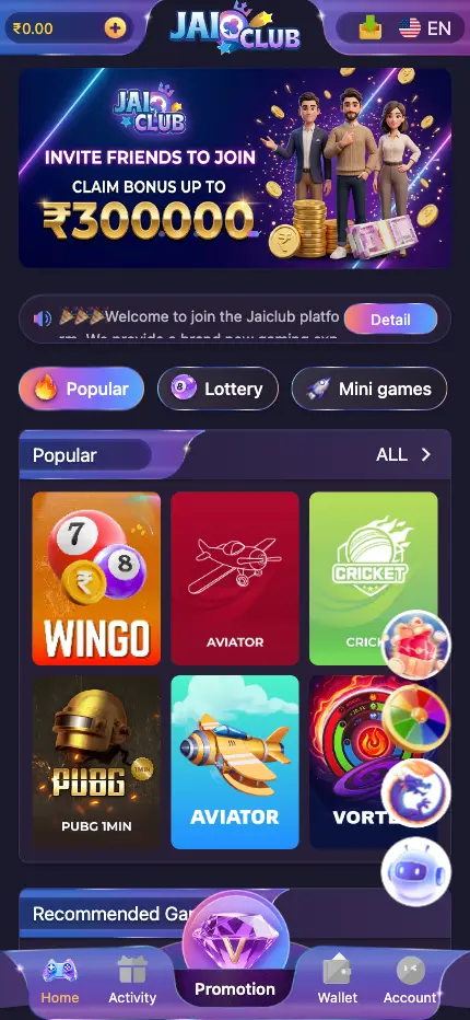 Jai Club app home screen in India with online gaming lobby, Wingo, Aviator, and slots games