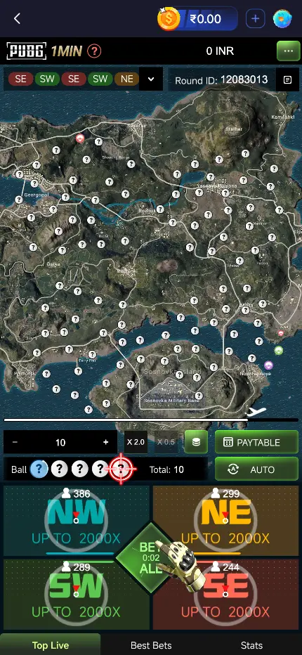 Jai Club PUBG 1MIN prediction game interface with live bets and payout multipliers