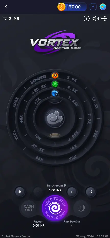 Jai Club Vortex official game screenshot showing spin controls, payout rates, and gaming dashboard
